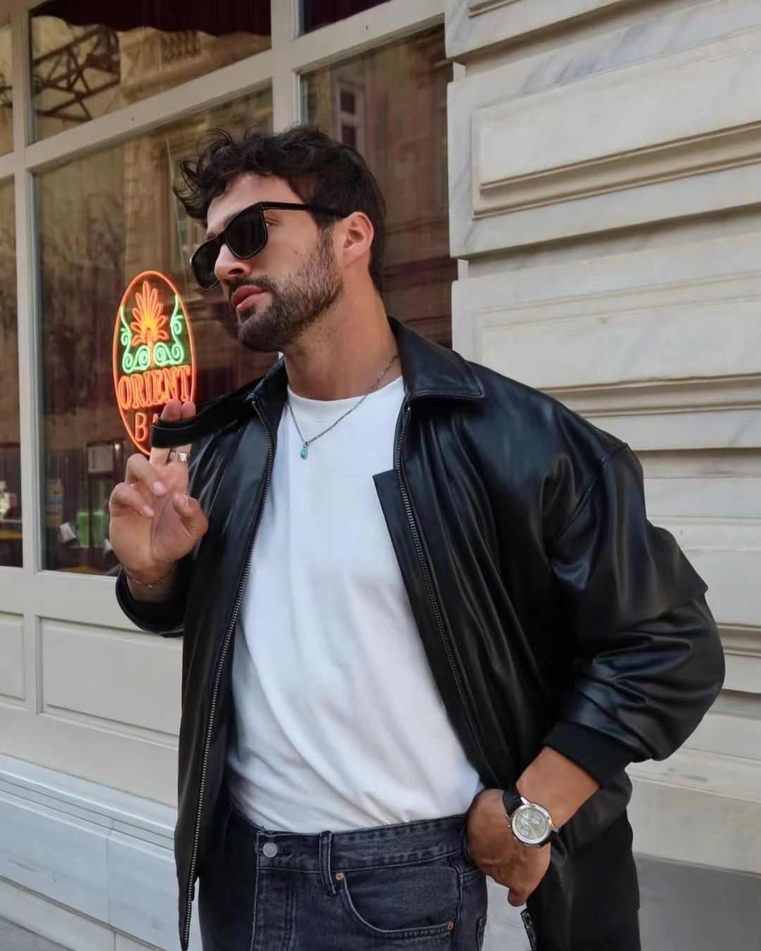 Streetwise Edge: Leather Jacket, Neon Lights, and Urban Attitude